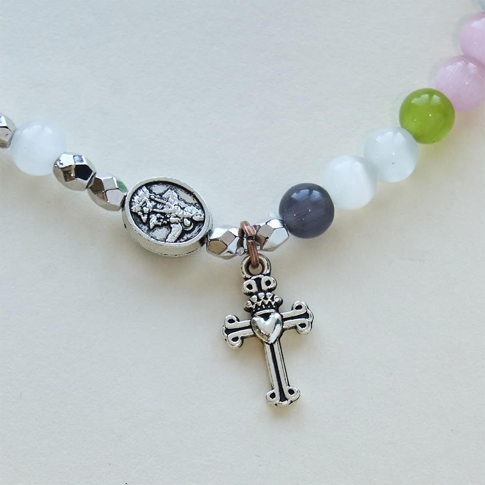 Multi-Color Cat’s Eye Bead Bracelet(Necklace for Kids) with I Love Jesus & Archangel Medals