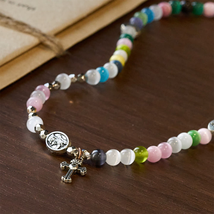 Multi-Color Cat’s Eye Bead Bracelet(Necklace for Kids) with I Love Jesus & Archangel Medals