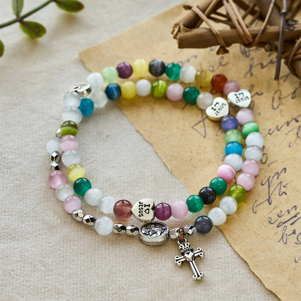 Multi-Color Cat’s Eye Bead Bracelet(Necklace for Kids) with I Love Jesus & Archangel Medals