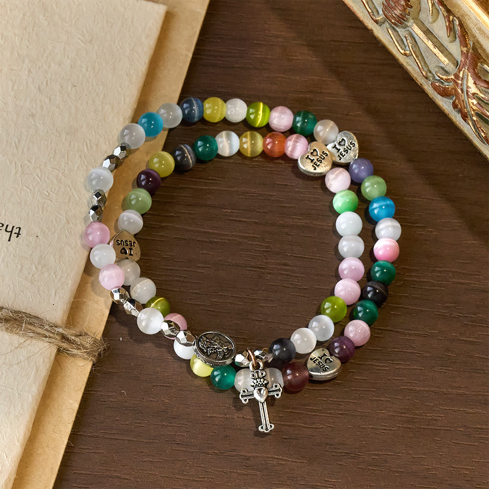 Multi-Color Cat’s Eye Bead Bracelet(Necklace for Kids) with I Love Jesus & Archangel Medals
