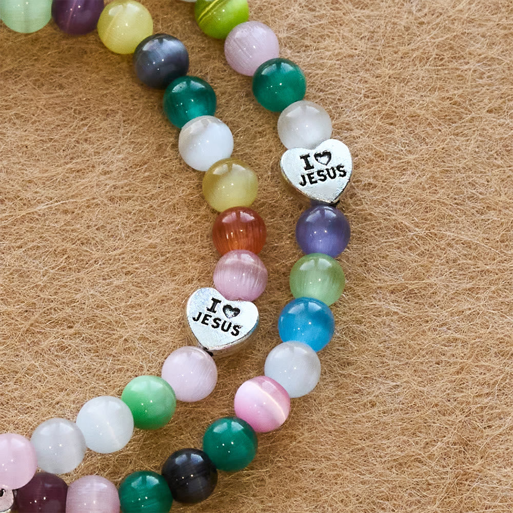 Multi-Color Cat’s Eye Bead Bracelet(Necklace for Kids) with I Love Jesus & Archangel Medals