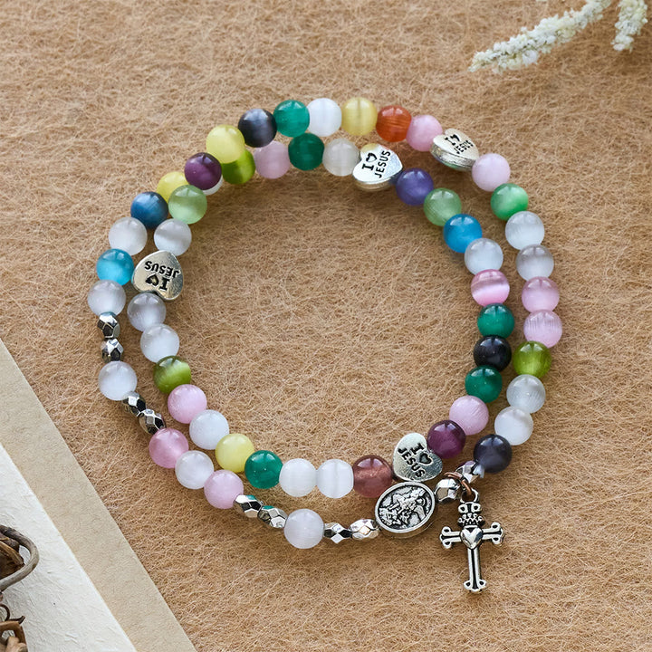 Multi-Color Cat’s Eye Bead Bracelet(Necklace for Kids) with I Love Jesus & Archangel Medals