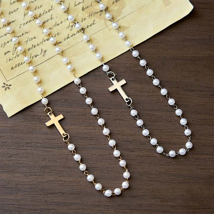 White Beads with Cross Necklace: Elegant Devotion & Faithful Grace