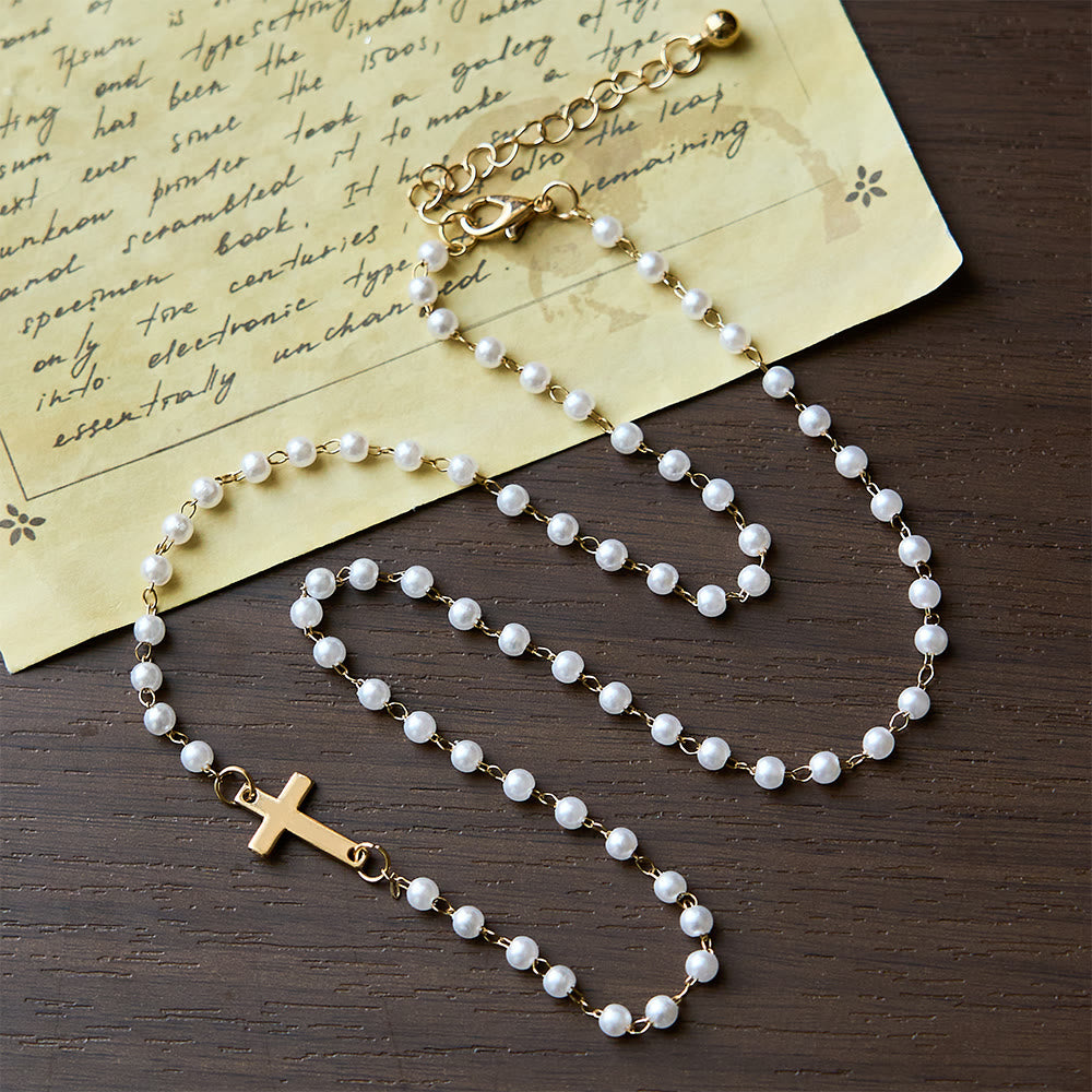 White Beads with Cross Necklace: Elegant Devotion & Faithful Grace