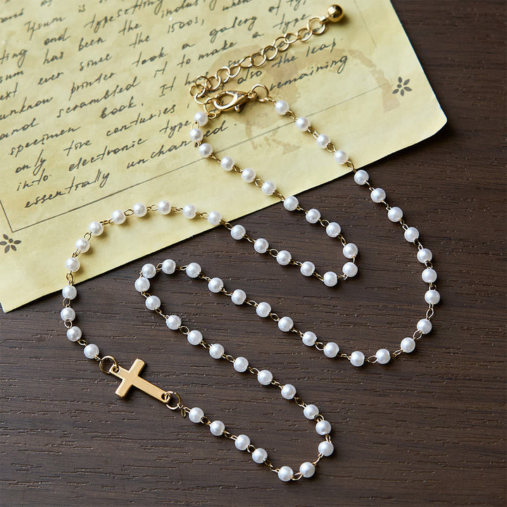 White Beads with Cross Necklace: Elegant Devotion & Faithful Grace