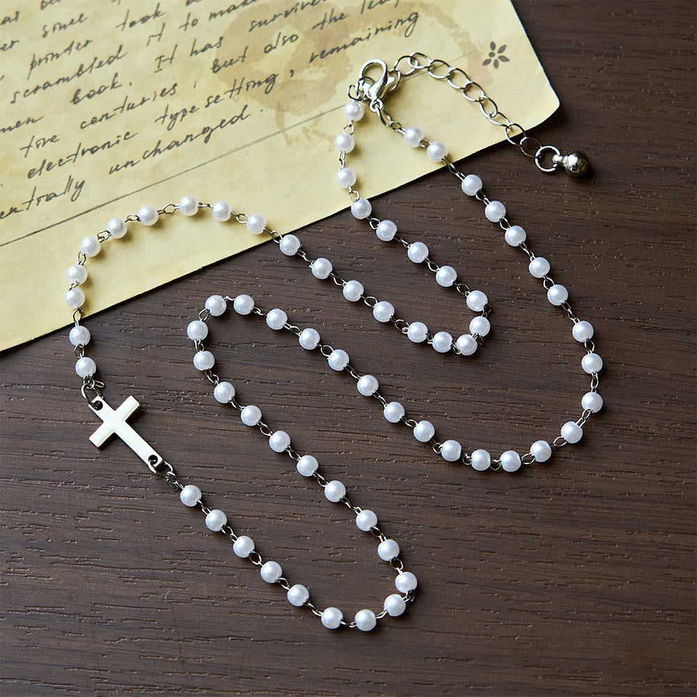 White Beads with Cross Necklace: Elegant Devotion & Faithful Grace
