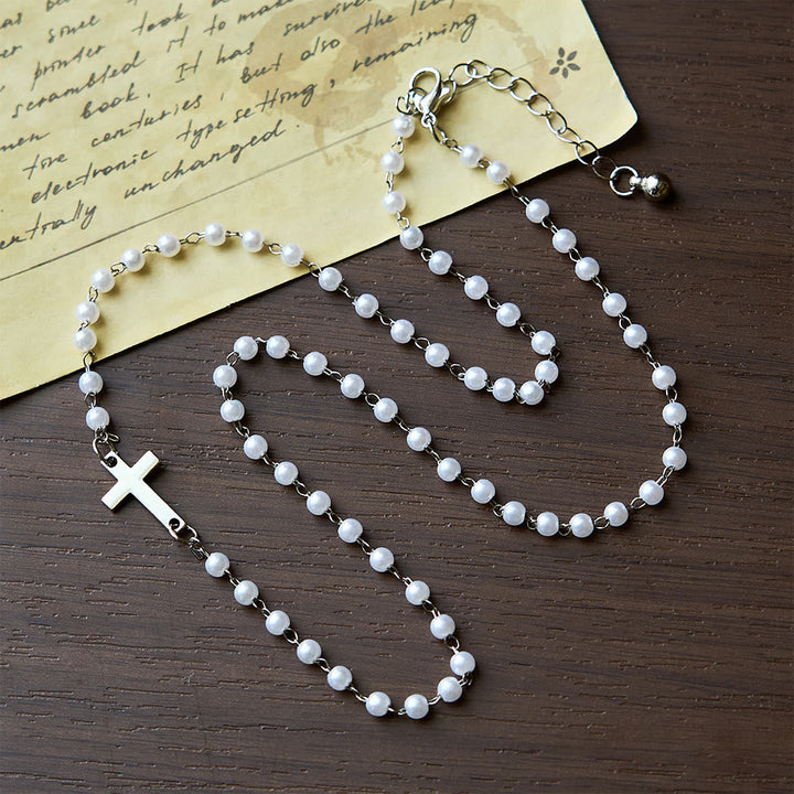 White Beads with Cross Necklace: Elegant Devotion & Faithful Grace