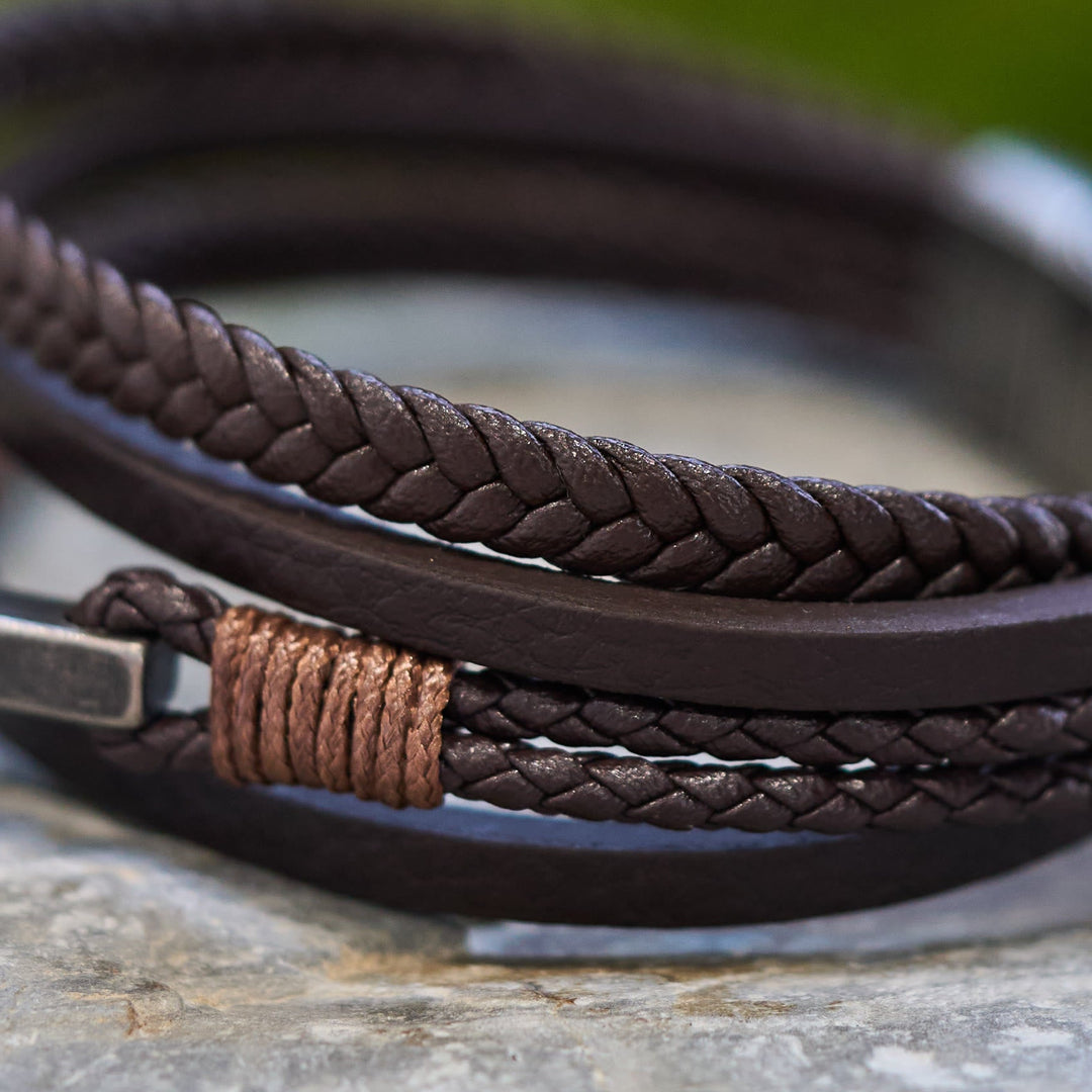 Tri - Color Stainless Steel Cross & Braided Leather Fashion Bracelet