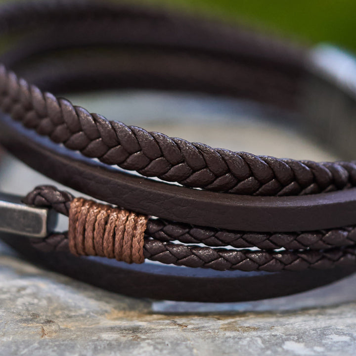Tri - Color Stainless Steel Cross & Braided Leather Fashion Bracelet