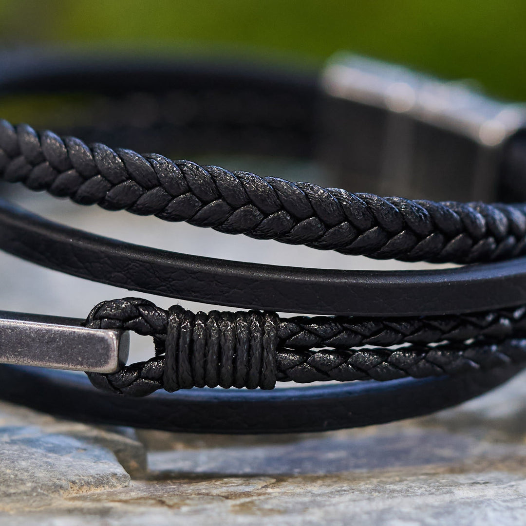 Tri - Color Stainless Steel Cross & Braided Leather Fashion Bracelet
