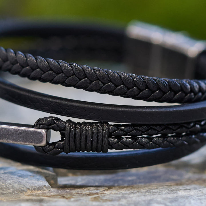 Tri - Color Stainless Steel Cross & Braided Leather Fashion Bracelet