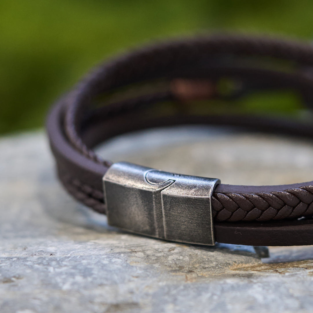 Tri - Color Stainless Steel Cross & Braided Leather Fashion Bracelet