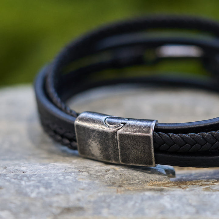 Tri - Color Stainless Steel Cross & Braided Leather Fashion Bracelet