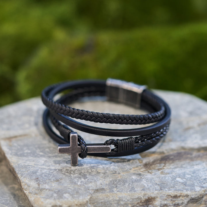 Tri - Color Stainless Steel Cross & Braided Leather Fashion Bracelet