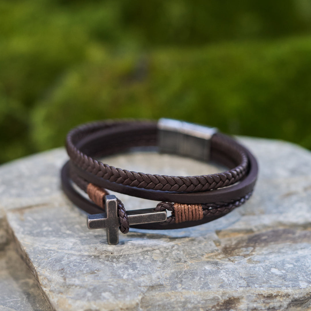 Tri - Color Stainless Steel Cross & Braided Leather Fashion Bracelet