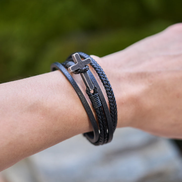 Tri - Color Stainless Steel Cross & Braided Leather Fashion Bracelet