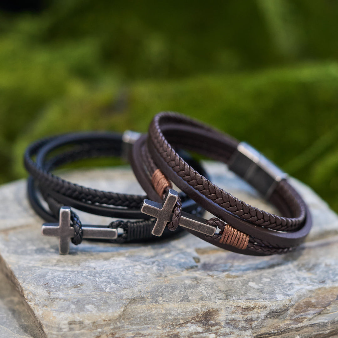 Tri - Color Stainless Steel Cross & Braided Leather Fashion Bracelet