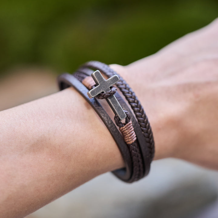 Tri - Color Stainless Steel Cross & Braided Leather Fashion Bracelet