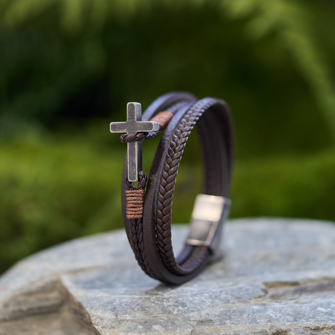 Tri - Color Stainless Steel Cross & Braided Leather Fashion Bracelet