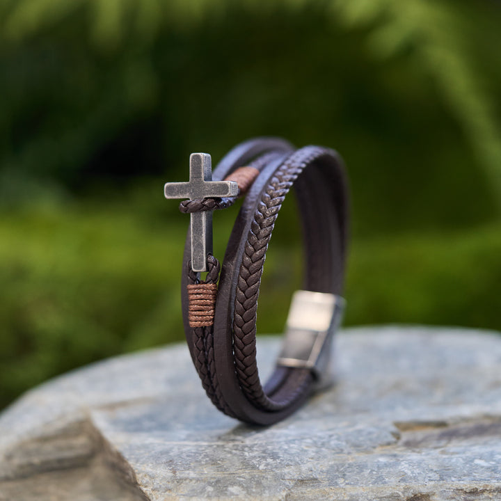 Tri - Color Stainless Steel Cross & Braided Leather Fashion Bracelet