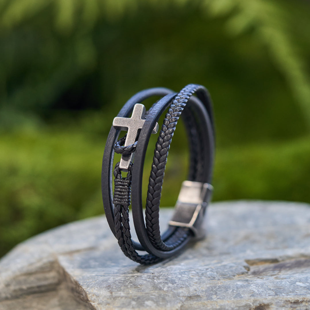 Tri - Color Stainless Steel Cross & Braided Leather Fashion Bracelet