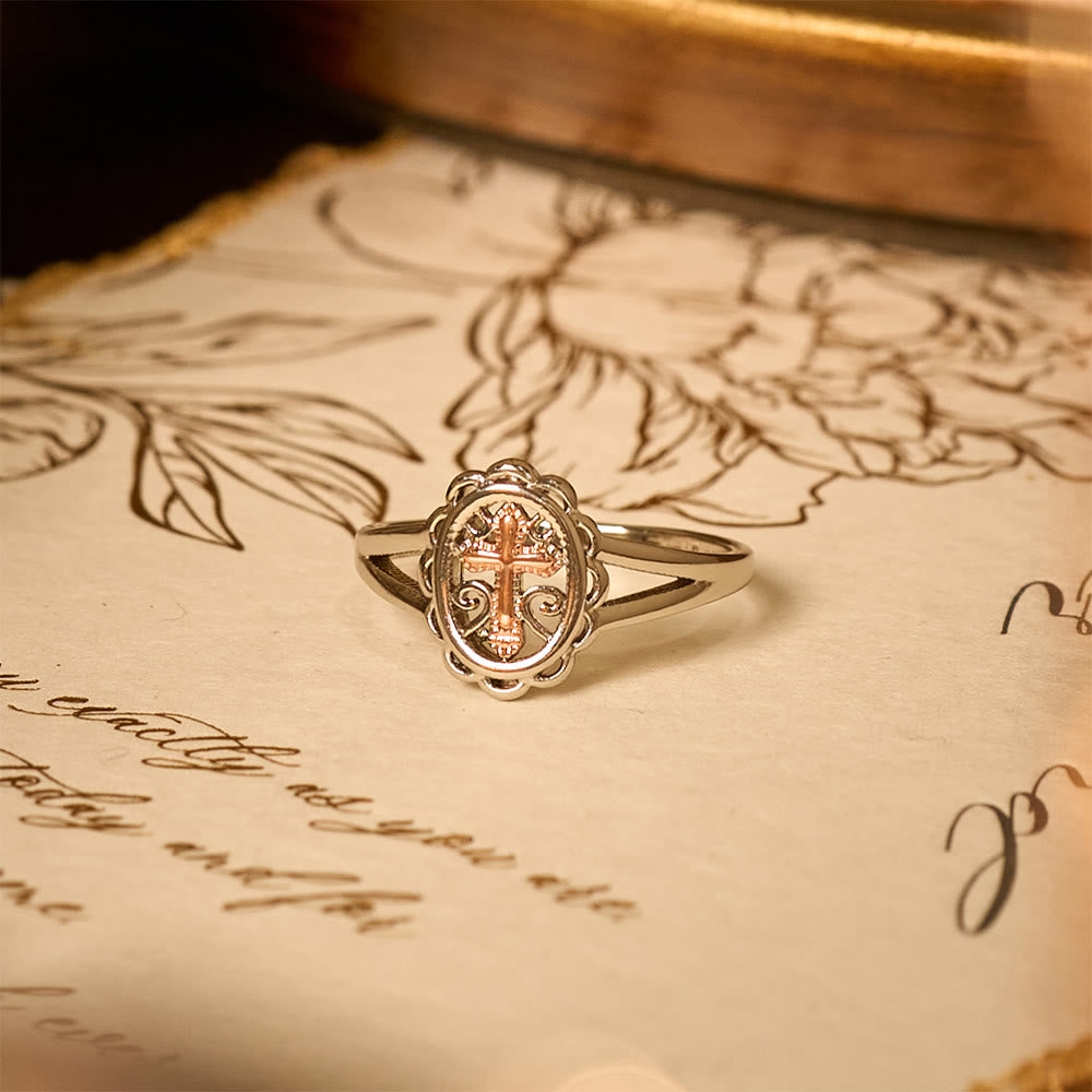 Dual - Tone Cross Ring: Silver & Rose Gold Filigree Faith Jewelry