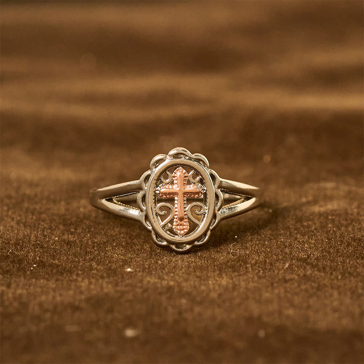 Dual - Tone Cross Ring: Silver & Rose Gold Filigree Faith Jewelry