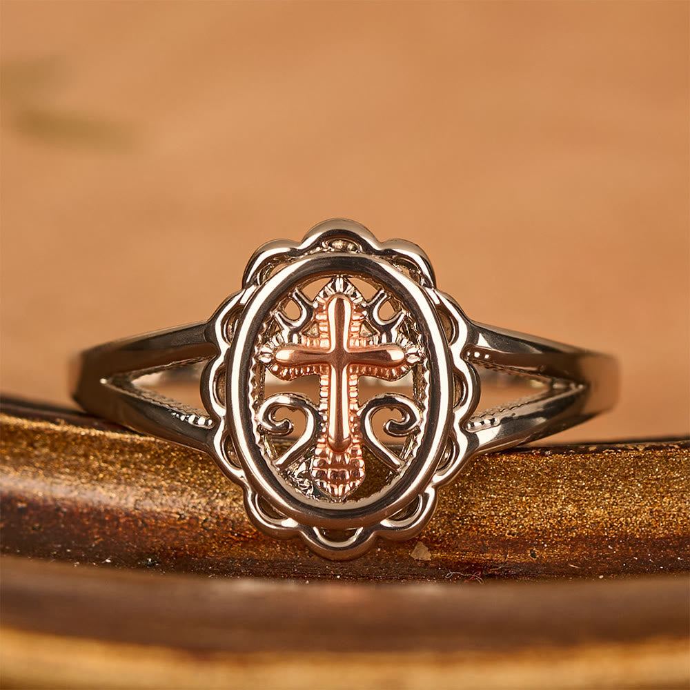 Dual - Tone Cross Ring: Silver & Rose Gold Filigree Faith Jewelry