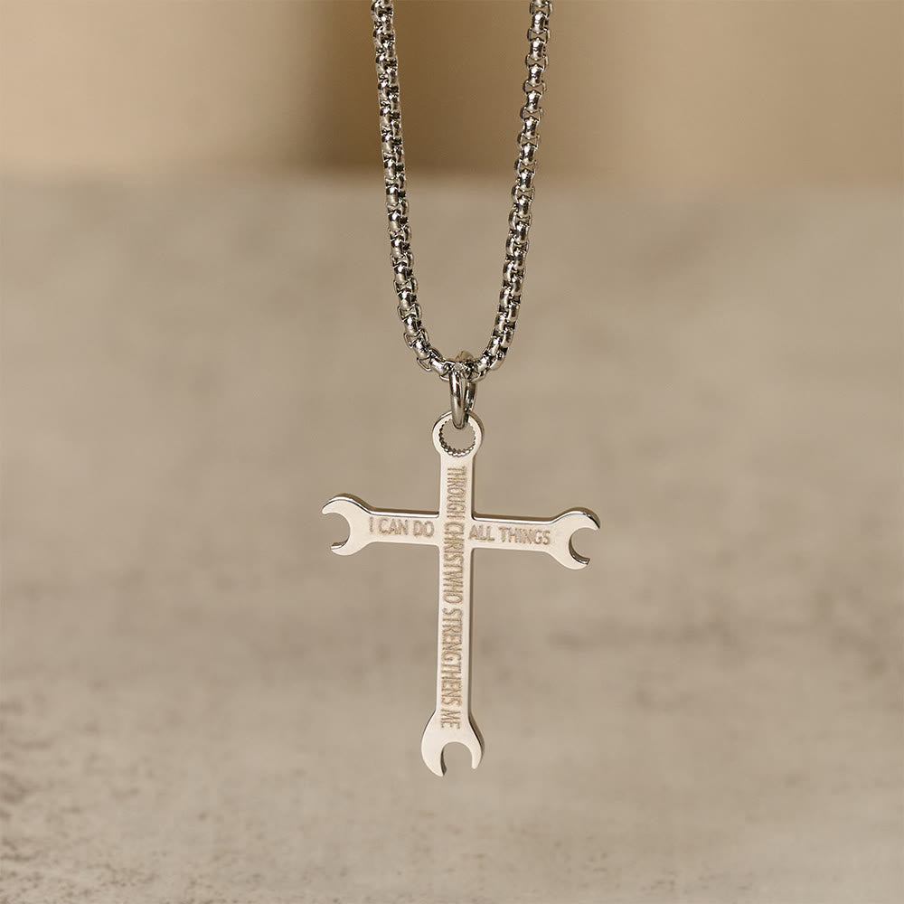 Minimalist Tricolor Wrench Cross Necklace with Faith & Strength Bible Verse