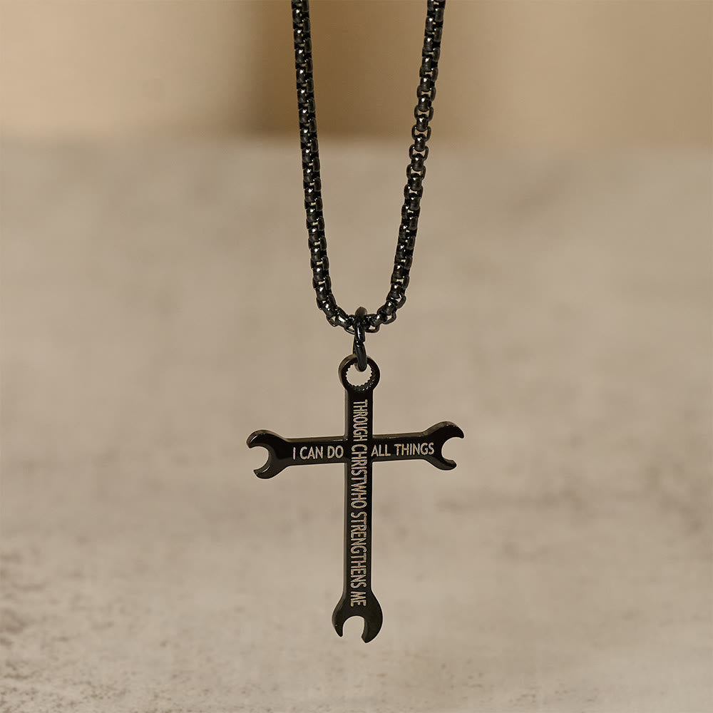 Minimalist Tricolor Wrench Cross Necklace with Faith & Strength Bible Verse