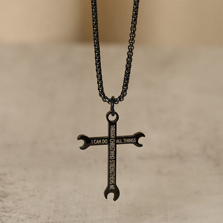 Minimalist Tricolor Wrench Cross Necklace with Faith & Strength Bible Verse