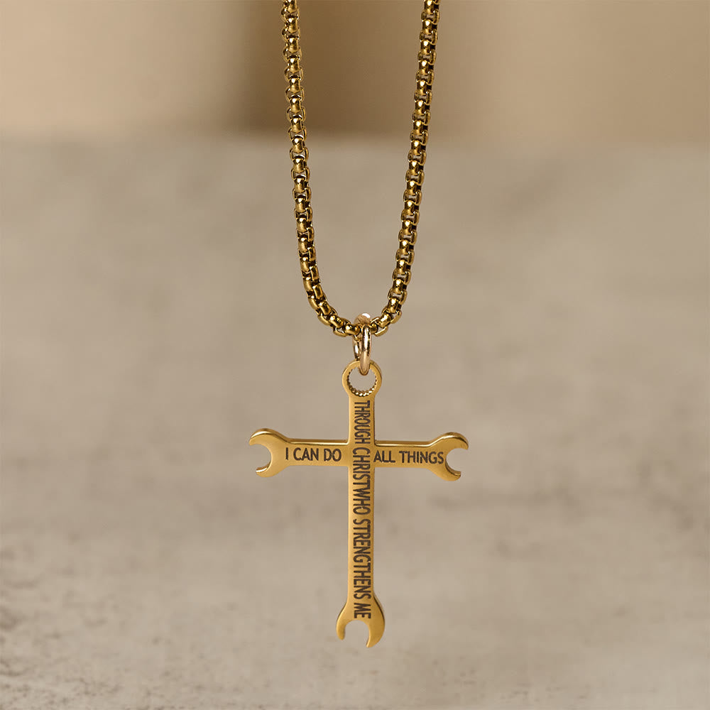 Minimalist Tricolor Wrench Cross Necklace with Faith & Strength Bible Verse
