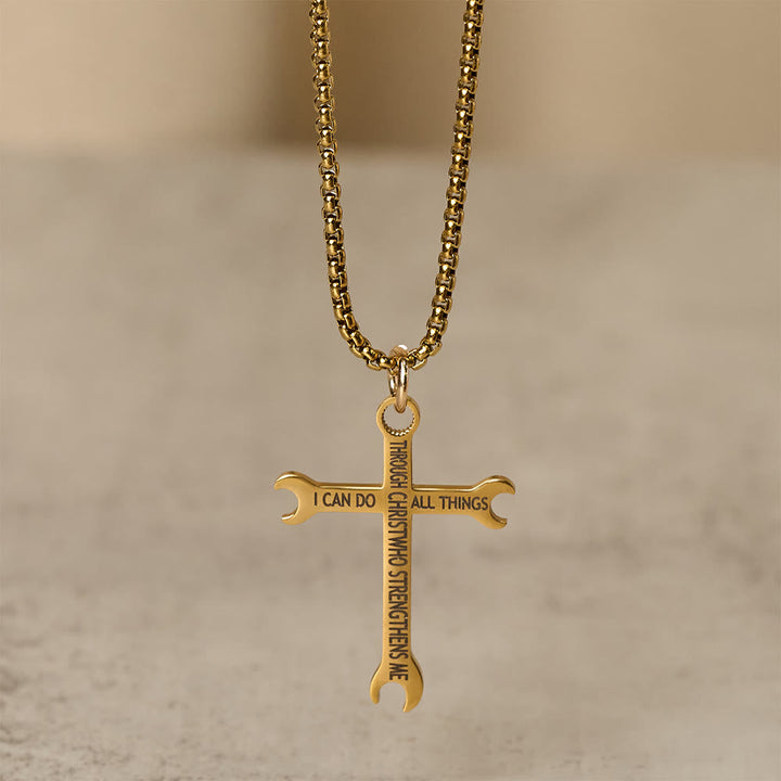 Minimalist Tricolor Wrench Cross Necklace with Faith & Strength Bible Verse