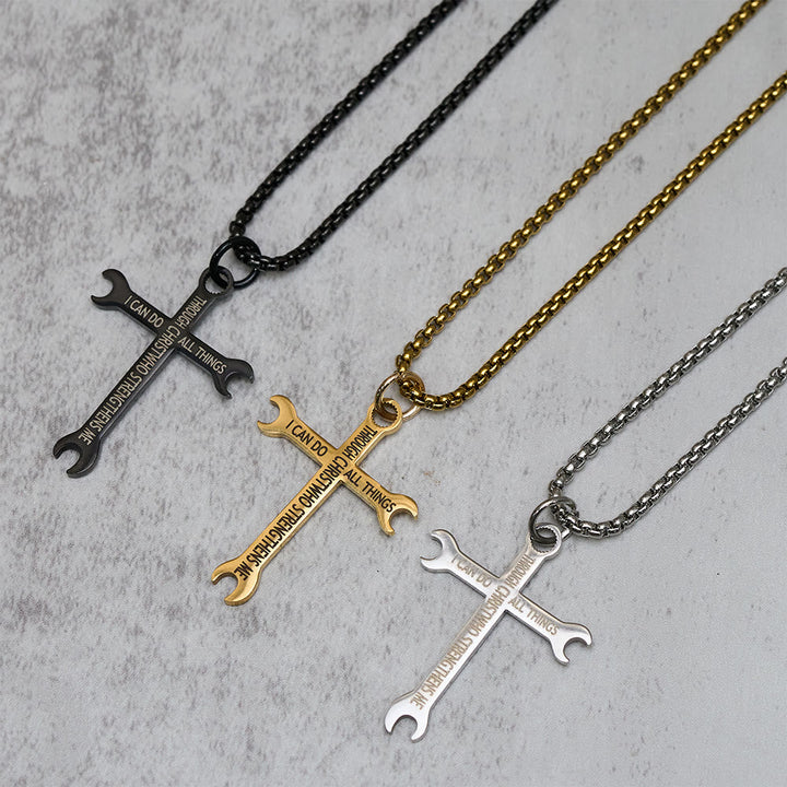 Minimalist Tricolor Wrench Cross Necklace with Faith & Strength Bible Verse