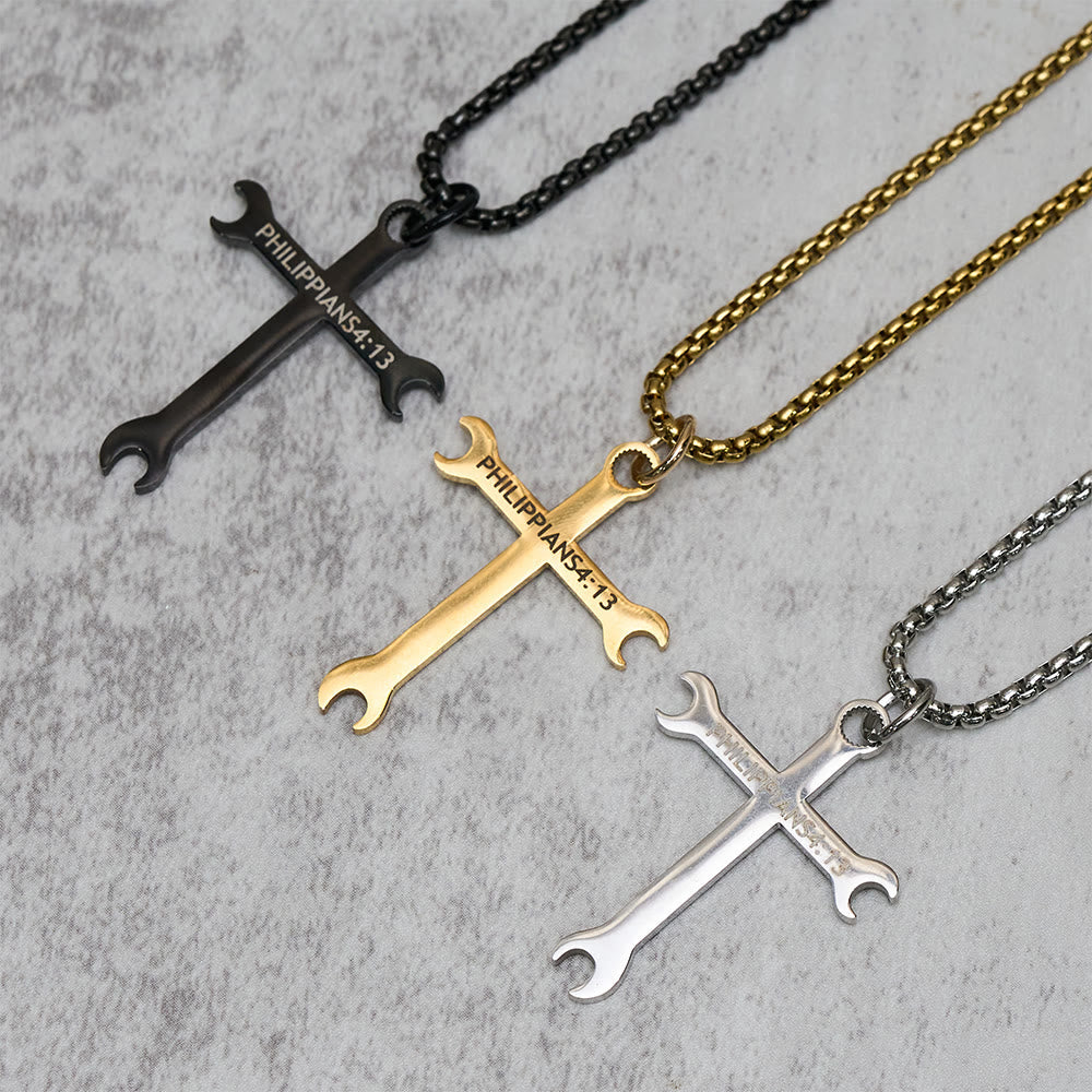 Minimalist Tricolor Wrench Cross Necklace with Faith & Strength Bible Verse