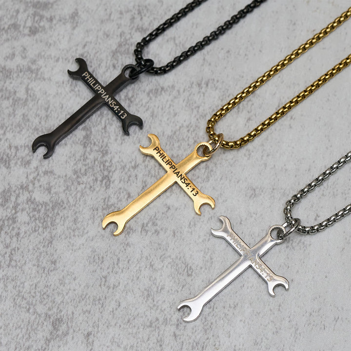 Minimalist Tricolor Wrench Cross Necklace with Faith & Strength Bible Verse