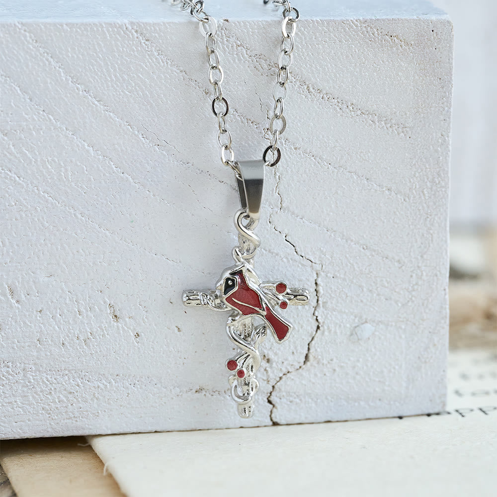 Crafted Cardinal Necklace Cross Pendant Red Bird Necklace