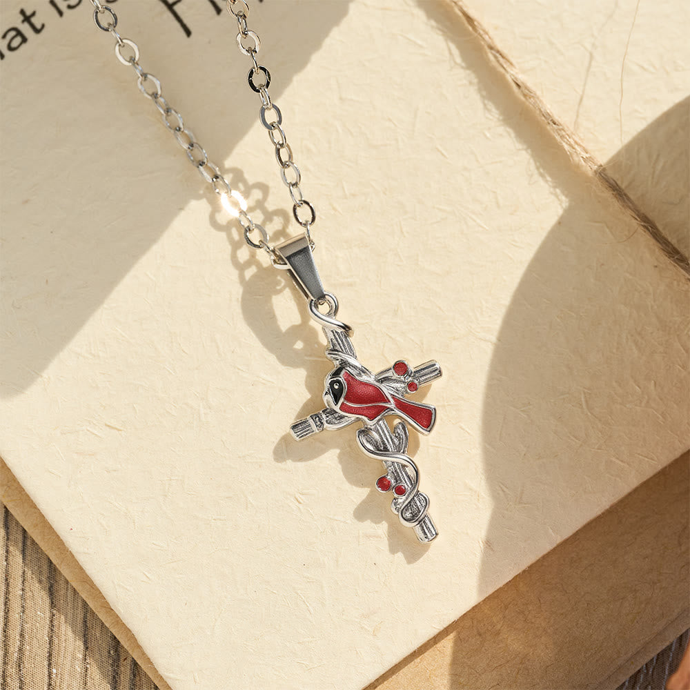 Crafted Cardinal Necklace Cross Pendant Red Bird Necklace