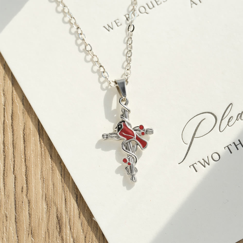 Crafted Cardinal Necklace Cross Pendant Red Bird Necklace