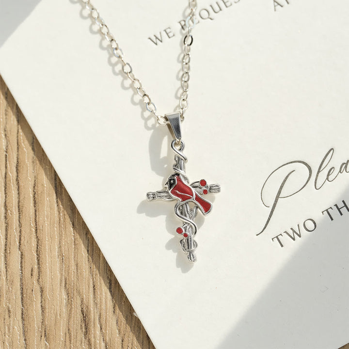 Crafted Cardinal Necklace Cross Pendant Red Bird Necklace