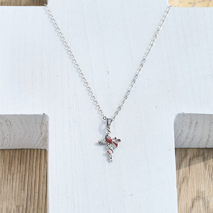 Crafted Cardinal Necklace Cross Pendant Red Bird Necklace