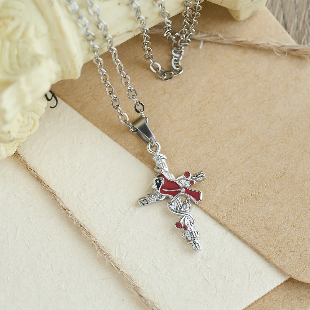 Crafted Cardinal Necklace Cross Pendant Red Bird Necklace