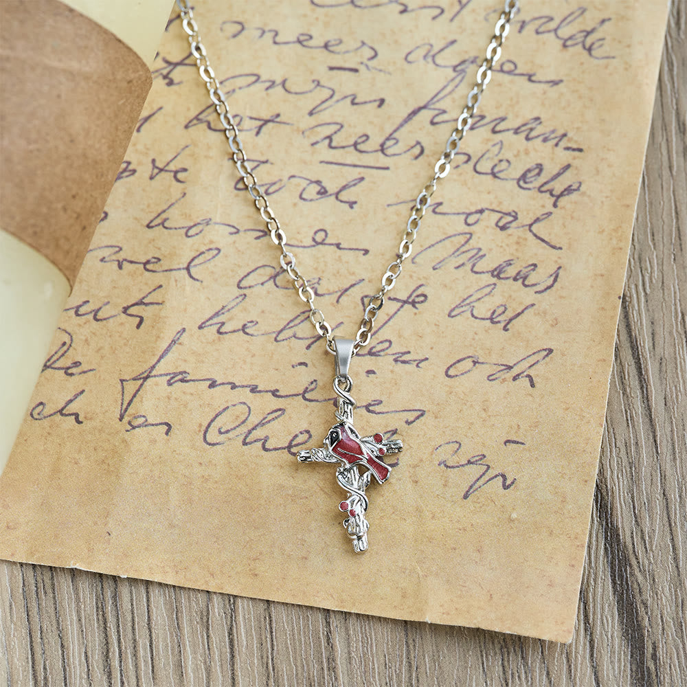 Crafted Cardinal Necklace Cross Pendant Red Bird Necklace