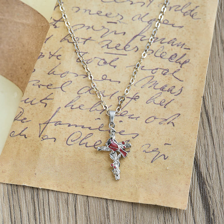 Crafted Cardinal Necklace Cross Pendant Red Bird Necklace