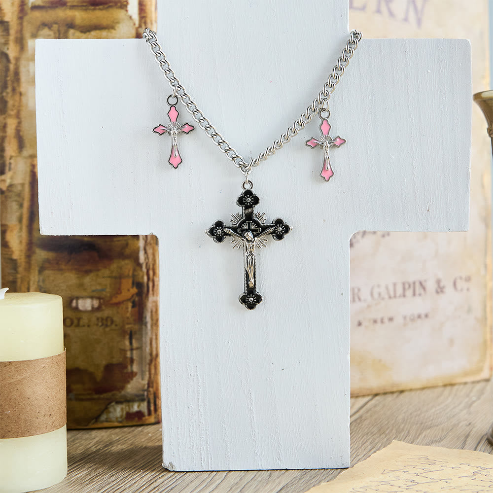 Classic Style Colorful Crafted Triple Crucifix Pendant Chain Necklace