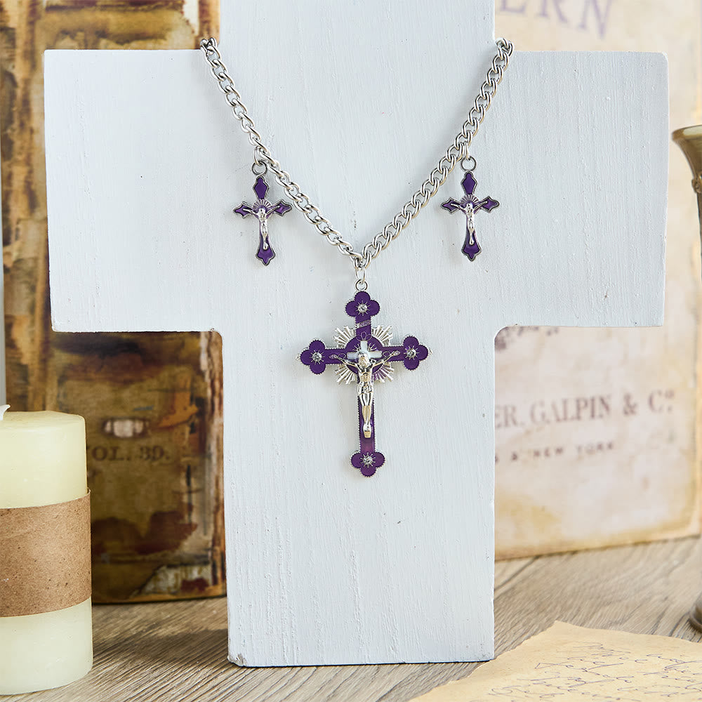 Classic Style Colorful Crafted Triple Crucifix Pendant Chain Necklace