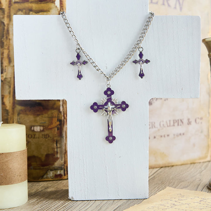 Classic Style Colorful Crafted Triple Crucifix Pendant Chain Necklace