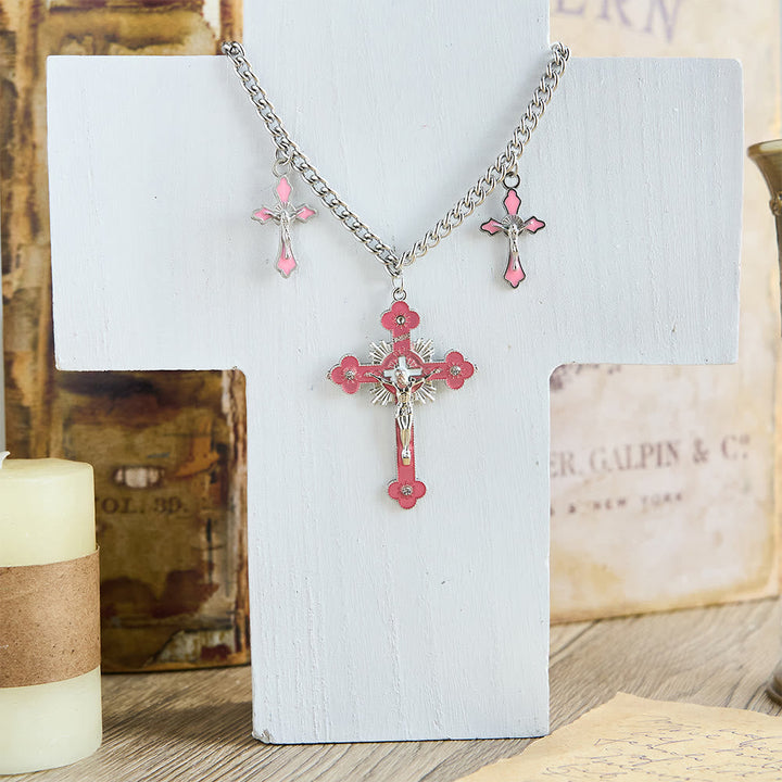 Classic Style Colorful Crafted Triple Crucifix Pendant Chain Necklace