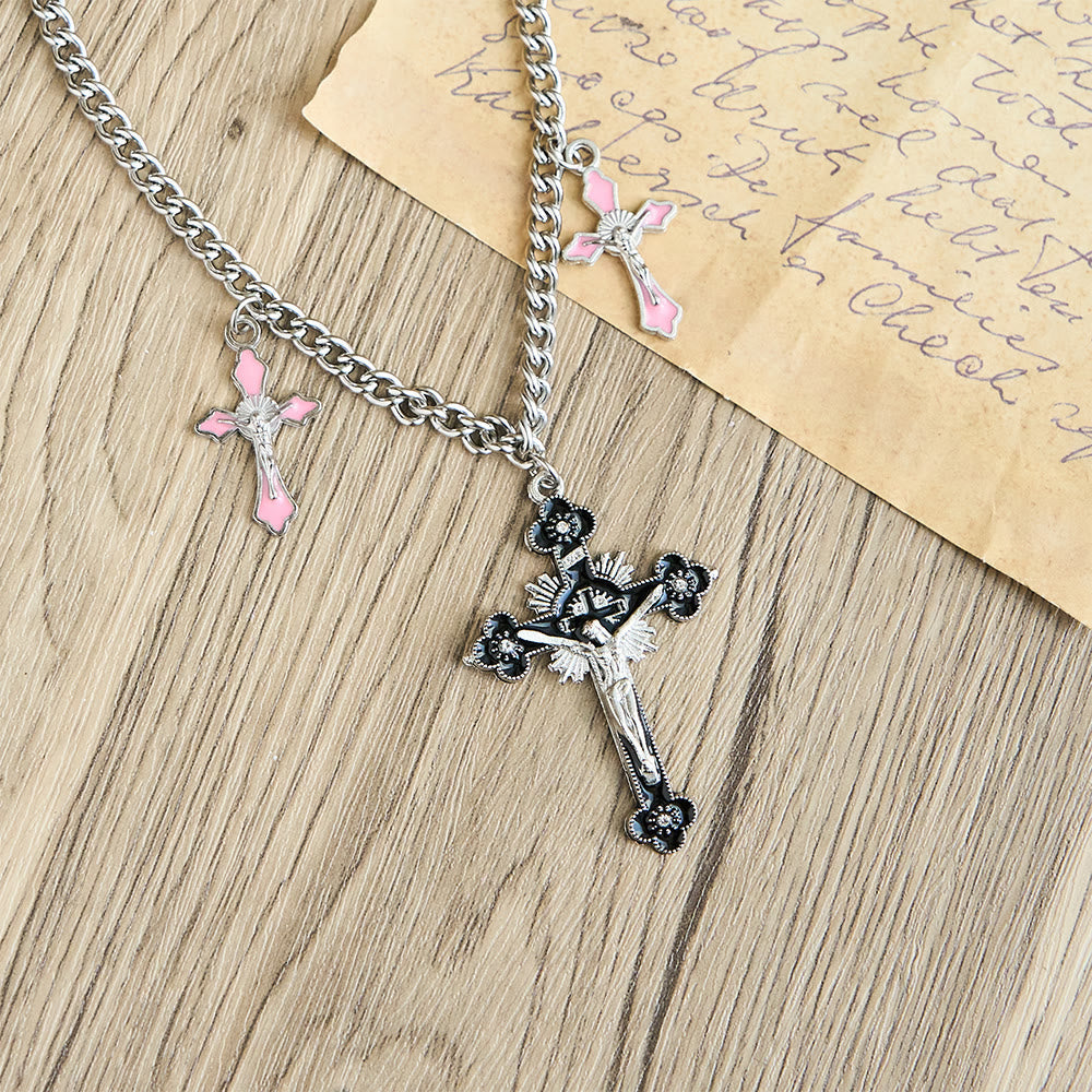 Classic Style Colorful Crafted Triple Crucifix Pendant Chain Necklace