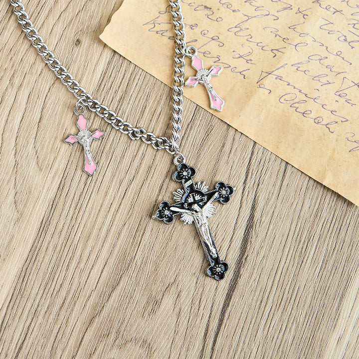 Classic Style Colorful Crafted Triple Crucifix Pendant Chain Necklace